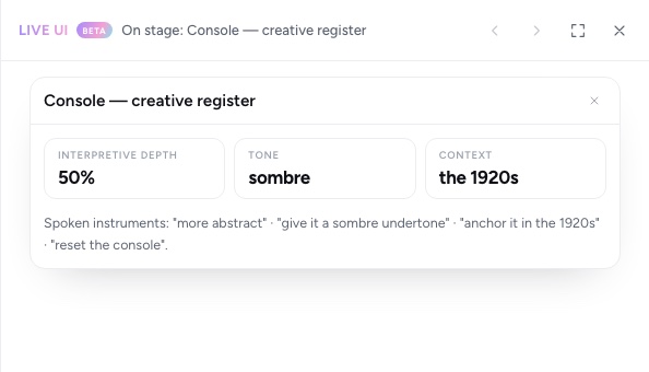 The Console card live in the Live UI panel: interpretive depth 50%, tone sombre, context the 1920s