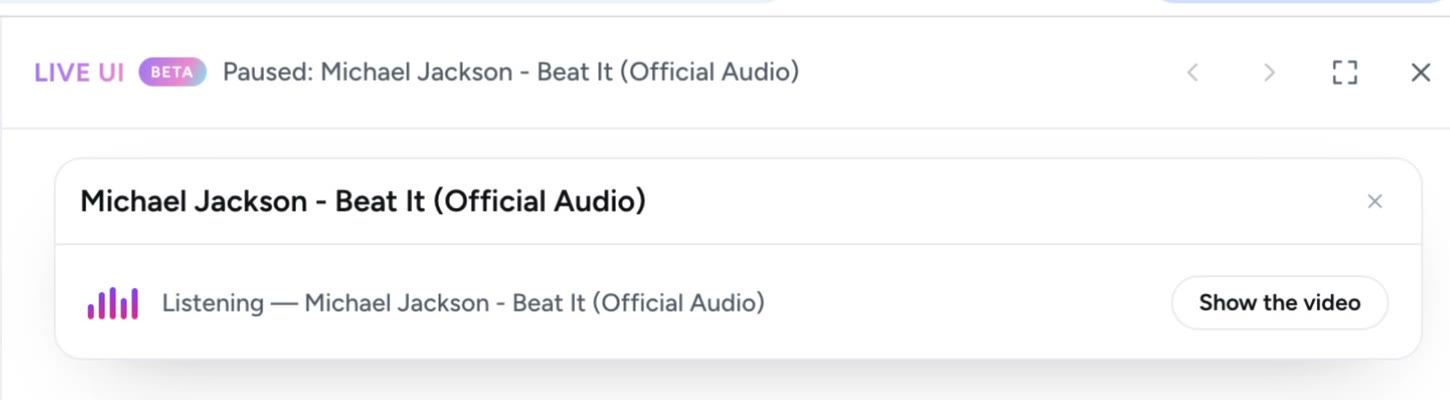 The Live UI panel showing an audio-only card with a Show the video control