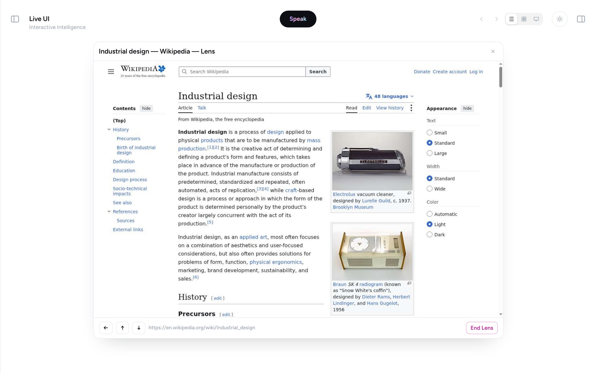 A live web page rendered inside the Live UI panel with a navigation toolbar